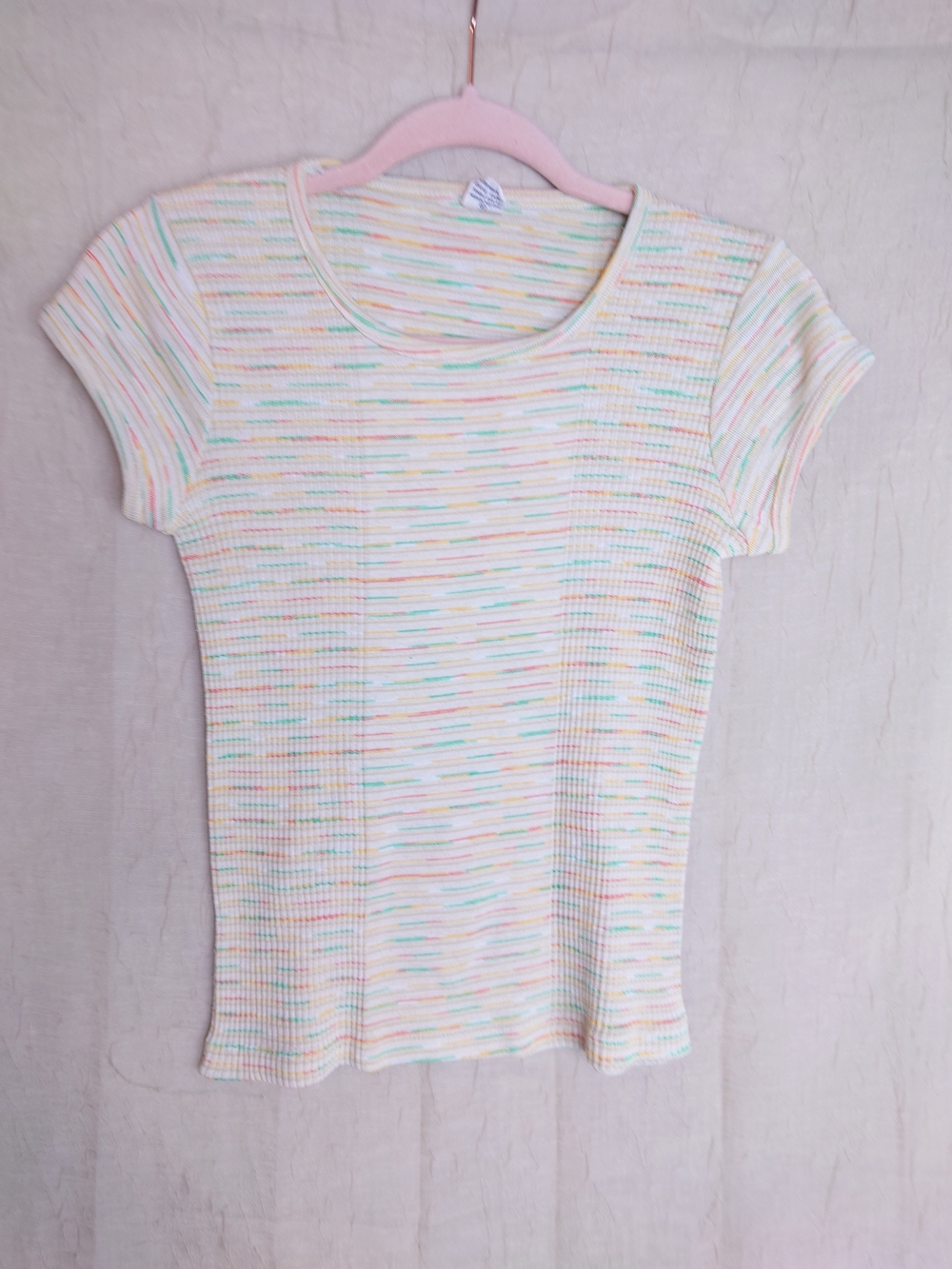 1970s Vintage Short Sleeve Ribbed Tee in Cream with Pastel Stripes